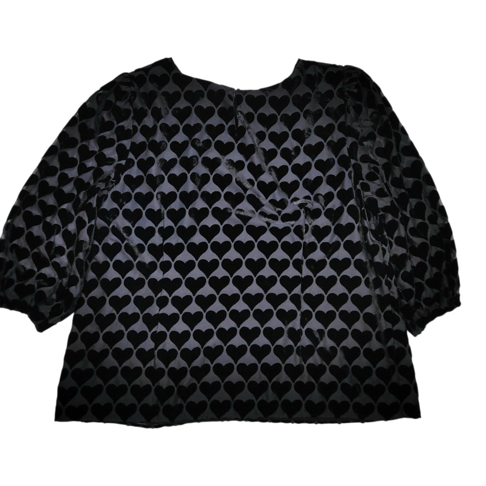 Talbots Heart Print Velvet Flocked Blouse 2X Black Sheer Puff Sleeve